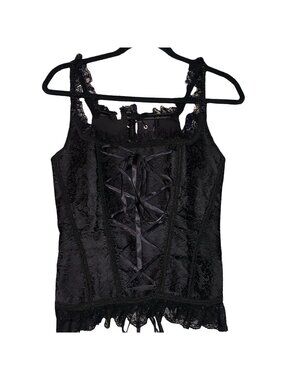 Y2K Goth Black Lace Up Corset Top W/Back Zipper Frill Ties Steampunk See Measure